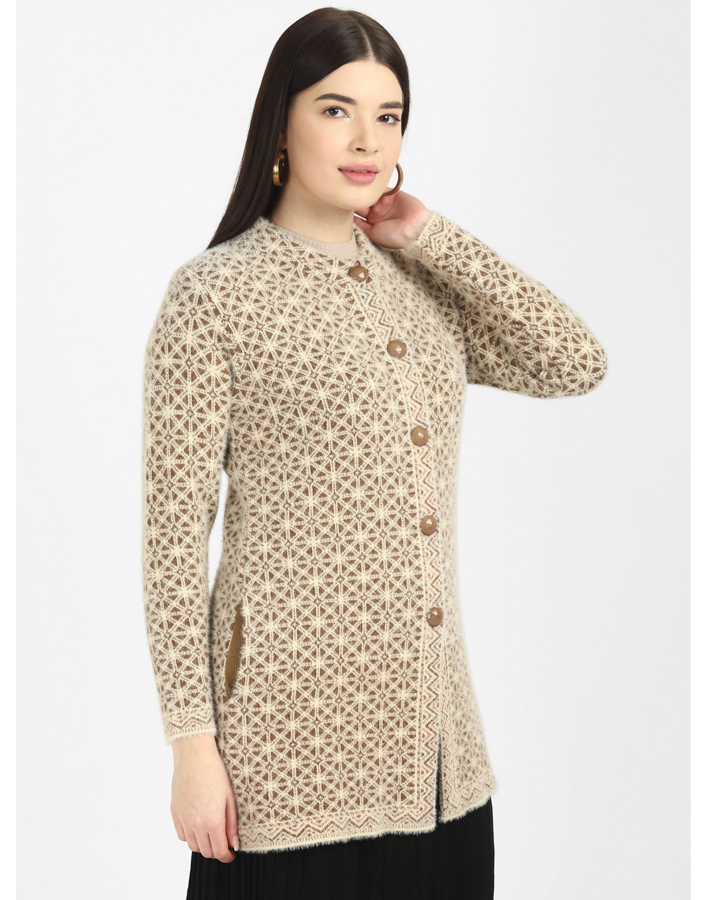 Shop Women Long coat brown Front Design with button at Woollen Wear
