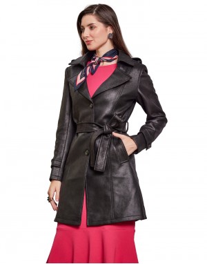 Women Double brested Trench Coat Coat Black Color