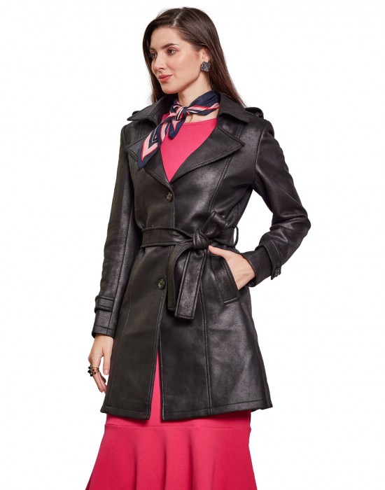 Women Double brested Trench Coat Coat Black Color