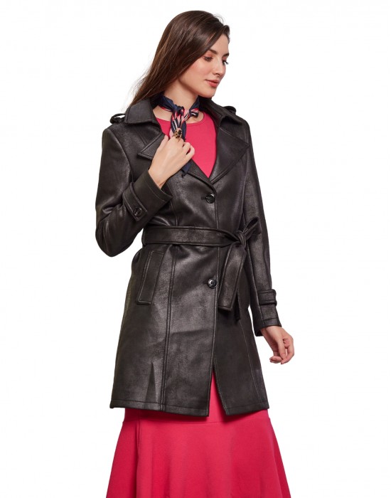 Women Double brested Trench Coat Coat Black Color