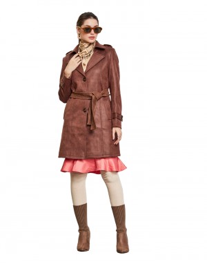 Women Double brested Trench Coat Coat Coffee Color
