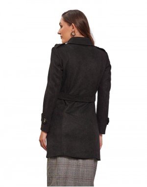 Women Double brested Trench Coat Coat Black Color