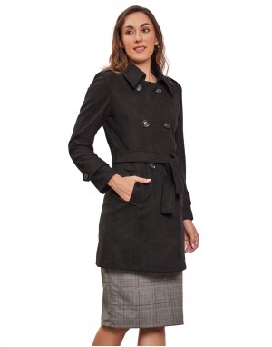 Women Double brested Trench Coat Coat Black Color