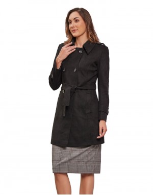 Women Double brested Trench Coat Coat Black Color