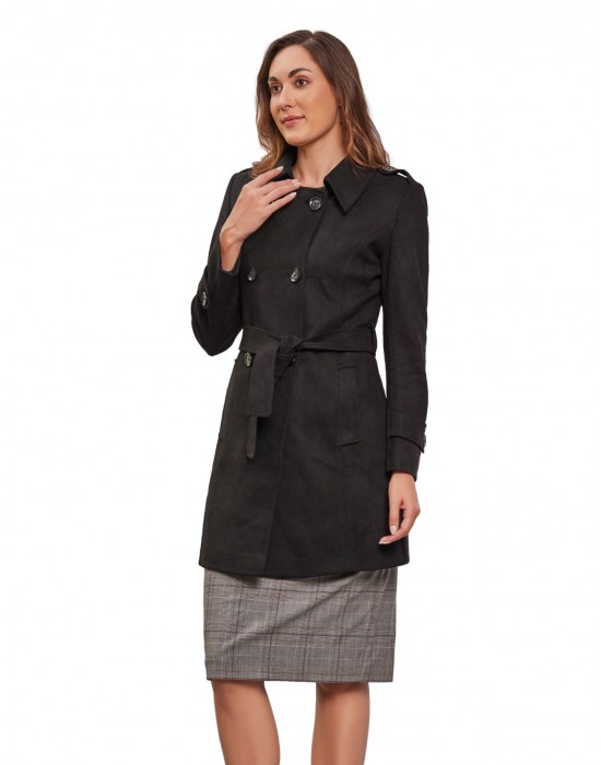 Women Double brested Trench Coat Coat Black Color