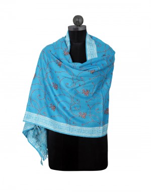 allover kashmiri embroidery stole skyblue