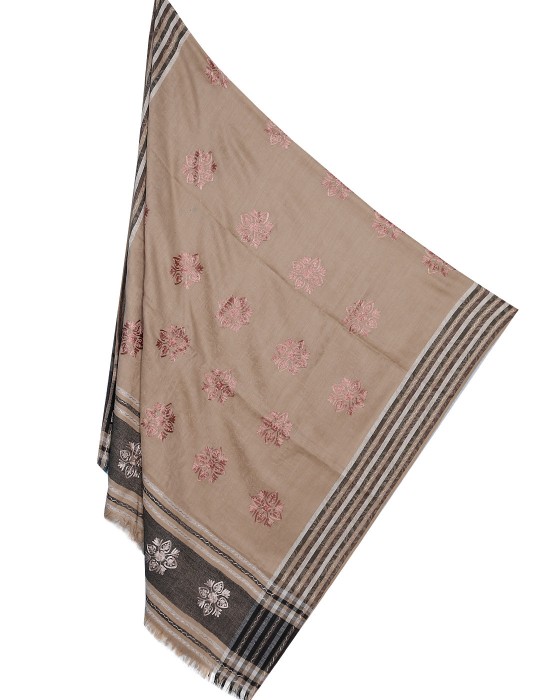 Blended Wool Floral Embroidery Stripes Border Shawl
